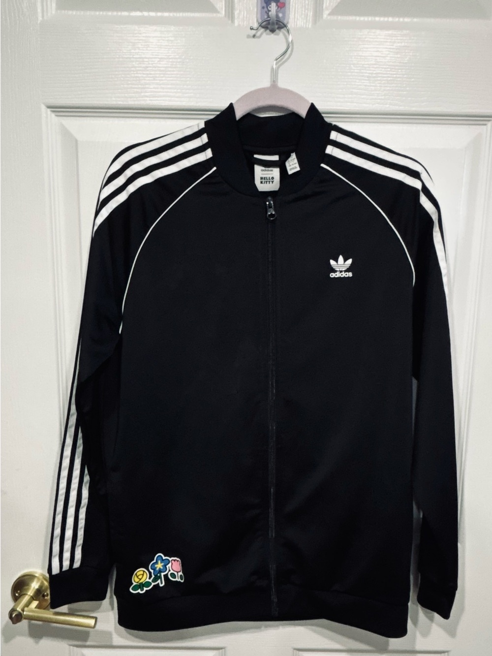 adidas Black Track Jacket with White Stripes and Floral Accent
